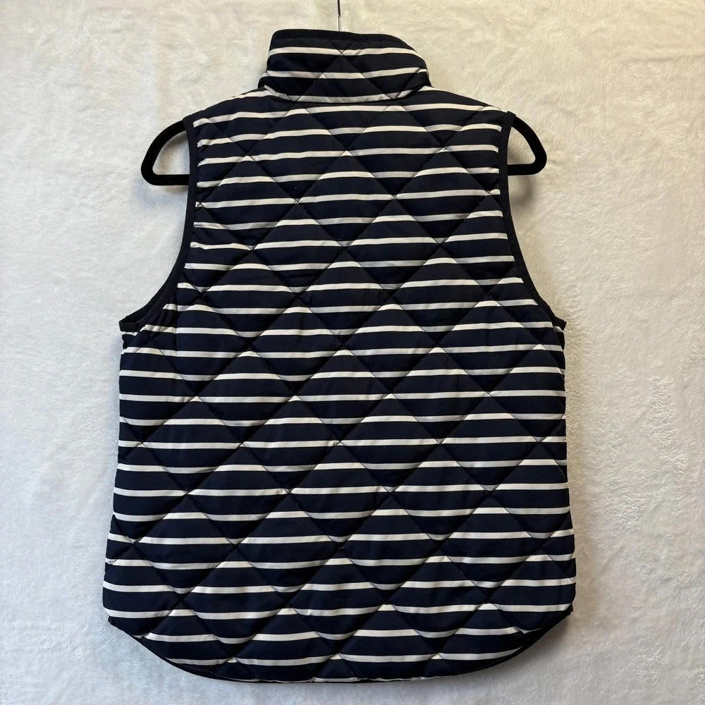 J. Crew Quilted Striped Vest Women Sz Small Navy White Puffer‎ Gilet Gold Zipper